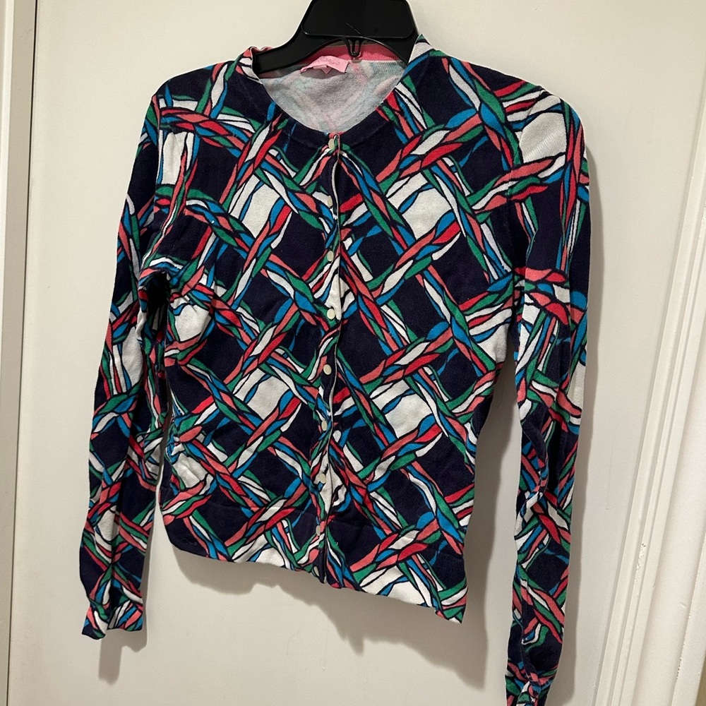 Lilly Pulitzer Black, Pink, White Print Long Sleeve Cardigan Sweater